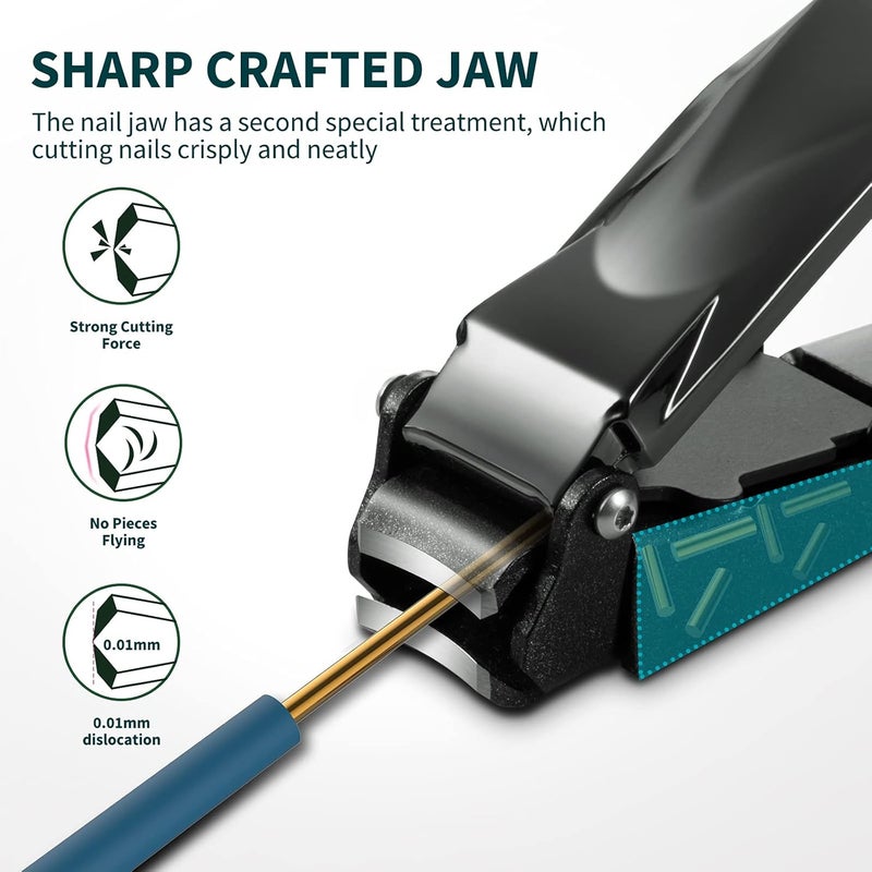 VANWIN Nail Clippers with Catcher, No Splash Fingernail Toenail Clippers with Sharp Curved Blade and Glass Nail File, Wide Jaw Opening Stainless Steel Nail Cutter Trimmer for Seniors Adult Men Women - Image 3